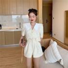 Elbow-sleeve Lace Collar Buttoned Top / Wide-leg Shorts