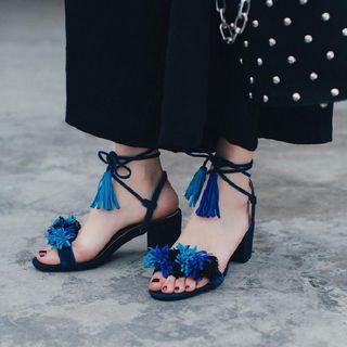 Tasseled Block Heel Lace-up Sandals