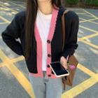 Long-sleeve V-neck Color Contrast Trim Knit Cardigan