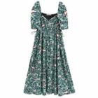 Short-sleeve Square-neck Floral Lace-up Midi A-line Dress