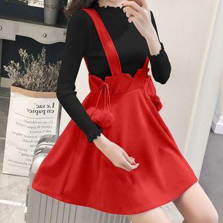 Set: Plain Long Sleeve Knit Top + Pom Pom Suspender Skirt