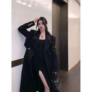 Plain Double-breasted Midi Coat Black - One Size