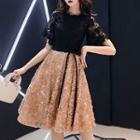Tie-waist Short-sleeve Lace A-line Dress / Evening Gown