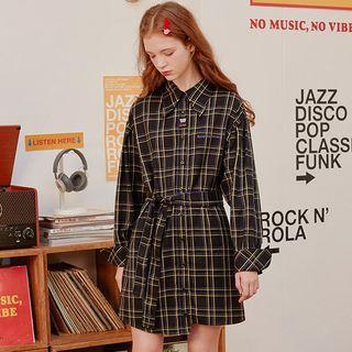 Plaid Shirtdress With Sash Black - One Size