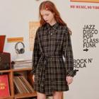 Plaid Shirtdress With Sash Black - One Size
