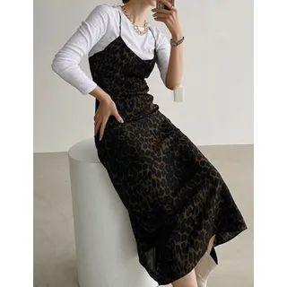 Spaghetti-strap Leopard Long Dress Khaki - One Size