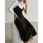 Spaghetti-strap Leopard Long Dress Khaki - One Size