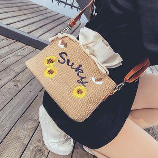 Embroidered Straw Shoulder Bag