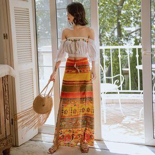 Off-shoulder Cropped Blouse / Color Block Maxi A-line Skirt