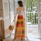 Off-shoulder Cropped Blouse / Color Block Maxi A-line Skirt