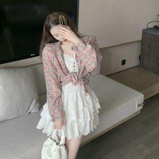 Sleeveless Tiered A-line Mini Dress / Long-sleeve Floral Print Shirt