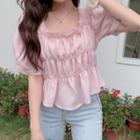 Short-sleeve Shirred Frill Trim Blouse Pink - One Size