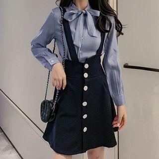 Set: Plain Tie-neck Blouse + Buttoned Suspender Skirt