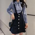 Set: Plain Tie-neck Blouse + Buttoned Suspender Skirt