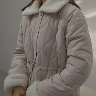 Fleece-collar Drawstring Quilted Jacket