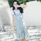 Set: Short-sleeve Top + Spaghetti Strap Lace Dress