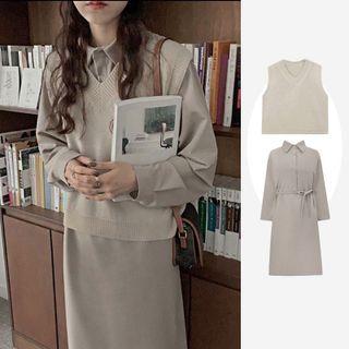 V-neck Plain Sweater Vest / Long-sleeve Midi Shirtdress