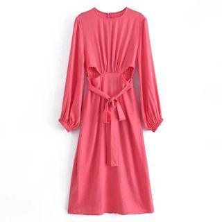 Long-sleeve Tie-waist Cut-out Midi A-line Dress