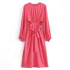 Long-sleeve Tie-waist Cut-out Midi A-line Dress