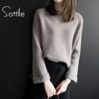 Bell-sleeve Loose-fit Crewneck Plain Knitted Sweater