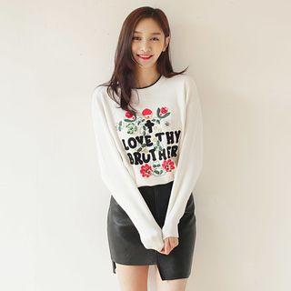 Piped-neckline Love Embroidered Sweater