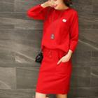 Set: Crew-neck 3/4-sleeve T-shirt + Drawstring Straight-fit Skirt