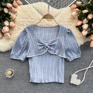 Square-neck Faux Pearl Bow Chiffon Top