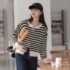 Round Neck Striped Zip-up Cardigan
