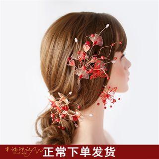 Set: Wedding Branches Hair Clip + Dangle Earring Set - Red & Transparent - One Size