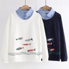 Fish Print Mock Two-piece Collared Pullover