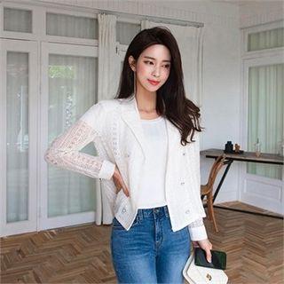 Sheer-sleeve Double-breasted Lace Blazer