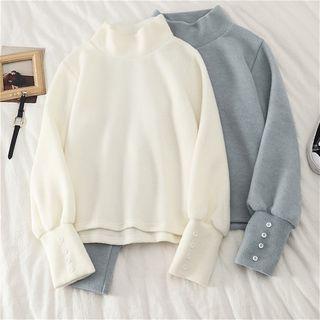 Plain Mock-neck Lantern-sleeve Top