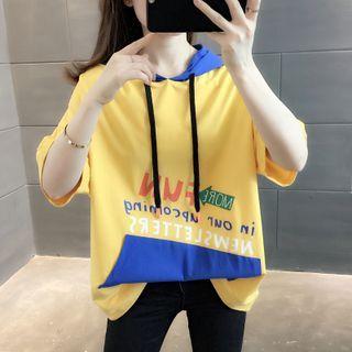Short-sleeve Color Block Lettering Hooded T-shirt