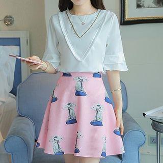 Set: Fringe Trim Elbow-sleeve Top + Printed A-line Skirt