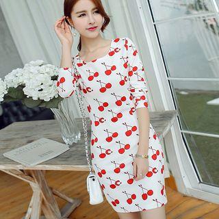 Cherry Print Long-sleeve Sheath Dress