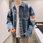 Lettering Patch Ripped Denim Jacket