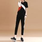 Set: Short-sleeve Colored Panel Top + Cropped Sweatpants