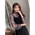 Mockneck Floral Mesh Lace Top Gray - One Size