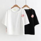 Short-sleeve Flower Embroidered Tasseled T-shirt