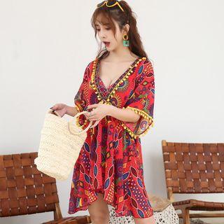Set: Printed Bikini Top + High-waist Swim Shorts + Cover Up