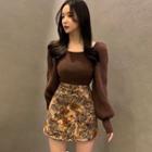 Puff-sleeve Sweater / Floral Print A-line Skirt