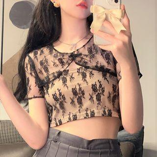 Set: Camisole Top + Short-sleeve Crop Lace Top