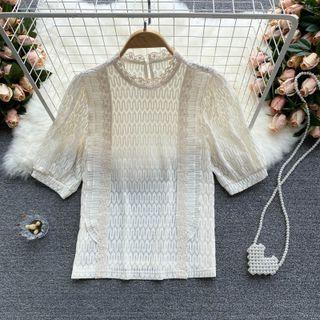 Lace Ruchedpuff-sleeve Top