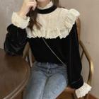 Long-sleeve Lace Panel Plain Ruffle Trim Velvet Top Black - One Size