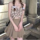 Plaid Bow Cropped Camisole Top / Pleated Mini A-line Skirt