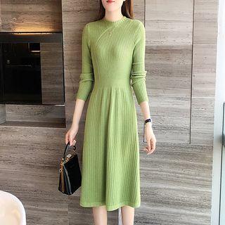Long-sleeve Ribbed Midi A-line Knit Dress