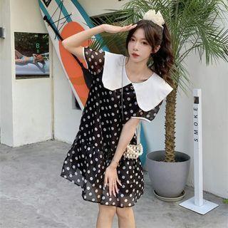Puff-sleeve Collar Dotted Chiffon A-line Dress