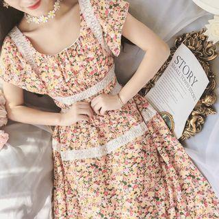 Lace Trim Floral Short-sleeve Midi A-line Dress