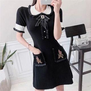 Contrast-trim Embroidered Knit Dress With Brooch