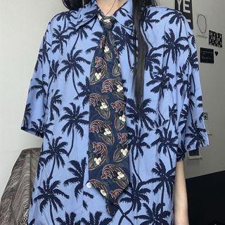 Tree Print Elbow-sleeve Shirt Blue - One Size